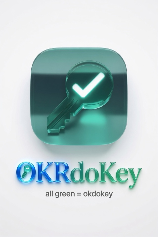 OKRDoKey logo — a glass key with a glowing green checkmark, the wordmark OKRDoKey, and the tagline “all green = okdokey”