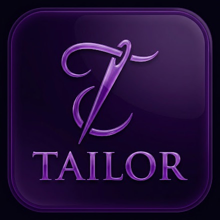 Tailor logo — a purple gel tile with a serif T formed by a needle and thread, above the wordmark TAILOR